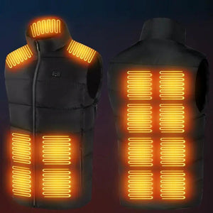 LITEGUEST USB Heated Vest with LED Light in black puffer; front and back views show glowing heating panels.