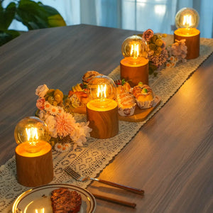 Wood grain battery-operated table lamps, set of 4, 6.5 in tall, with glass globe bulbs on wood bases