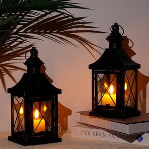 11'' high black metal decorative candle lanterns with glass panels, set of 2 by JHY DESIGN.