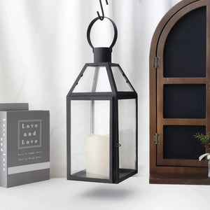 Decorative candle lanterns, 16-inch high, black stainless steel with glass panels