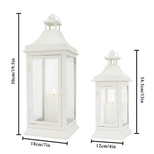 Set of 2 white outdoor candle lanterns with glass panes, 19.5in and 13in tall, decorative garden lanterns