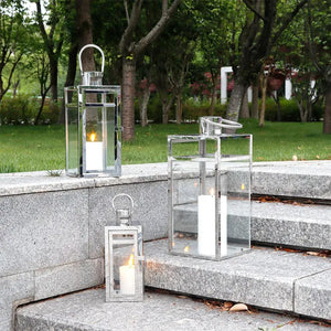 JHY DESIGN stainless steel candle lanterns set of 3 with clear glass panels in 19, 15 and 12 inches
