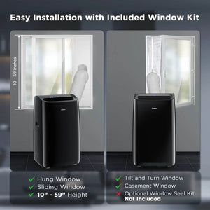 Greenland 14,000 BTU Smart WiFi portable air conditioner by TURBRO - two black units with window kit diagrams