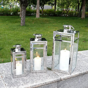 Stainless steel candle lantern set with clear glass panels, JHY DESIGN, set of 3 (19, 15, 12 in)