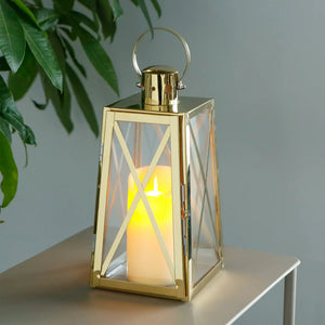 12in stainless steel decorative lantern with gold-tone metal and glass panes, trapezoid design by JHY DESIGN