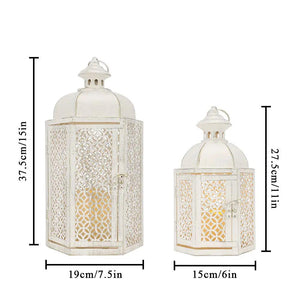 Decorative Candle Lanterns set of 2 in white distressed metal with lattice panels; 15in and 11in tall for outdoor decor.