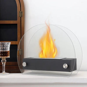 JHY Design portable tabletop fire pit, 35cm, ventless bioethanol, round glass guard, black metal base