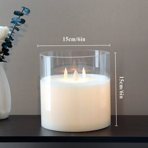 6-inch glass battery-operated flameless candle with 3 wicks and white wax