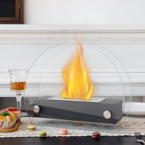 JHY Design portable tabletop fire pit, dark gray rectangular bioethanol burner with glass guard, 35cm.