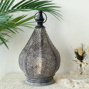 12''H Moroccan metal table lamp, battery-powered cordless with LED fairy lights, perforated dark gray finish.