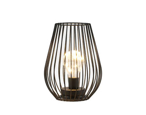 8-inch tall cage-shaped table lamp with black metal wire frame, battery-operated by JHY DESIGN.