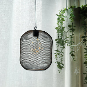 8.5-inch battery-operated hanging black mesh lantern with bulb by JHY DESIGN