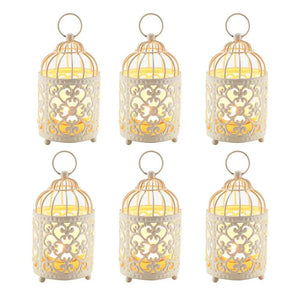 6-pack small metal candle lanterns by JHY DESIGN; white ornate lattice with dome top and ring handle, six pieces