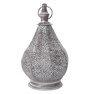 Moroccan metal table lamp, 12in tall, battery-powered cordless with LED fairy lights, silver distressed finish