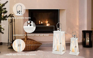JHY DESIGN decorative candle lanterns, set of 2 white metal lanterns with glass panels, 15.5in and 22in tall.