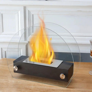 JHY Design portable tabletop fire pit with black base and circular glass surround