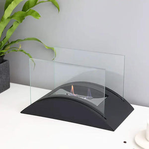JHY DESIGN 13.5in rectangular tabletop gel/ethanol fireplace with black curved base and clear glass panels