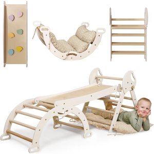 Goodevas 4in1 Montessori climbing set with natural wood Pikler triangle, arch, slide board and cushion for toddlers