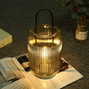 11.5in Battery Powered Table Lamp, amber-green ribbed glass with black handle by JHY DESIGN.