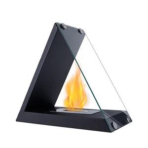 Glass tabletop fireplace by JHY DESIGN; black triangular frame with glass panels and flame, 15.5 x 8 x 14.5 in