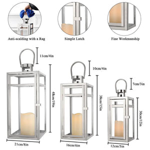 Stainless steel candle lanterns set of 3 with clear glass panels by JHY DESIGN.