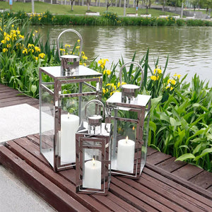 Set of 3 JHY DESIGN stainless steel candle lanterns with clear glass panels in 19, 15 and 12 inches