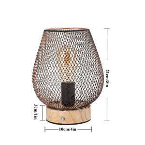 8H touch adjustable table lamp with wooden base and bronze mesh cage, battery powered.