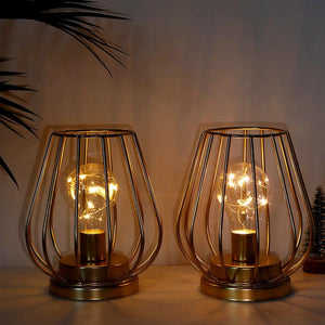 7in tall gold-toned metal cage lanterns with exposed filament bulbs, cordless battery-operated set of 2