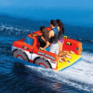 WOW Watersports Off-Road Truck 3-Person Towable, orange inflatable with tire graphics and WOW logo