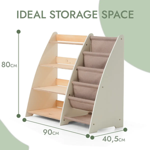 2in1 Montessori Shelf for Books and Toys by Goodevas, beige frame with natural wood shelves and fabric stairs