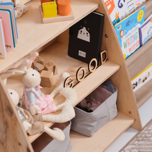 Goodevas 2in1 Montessori shelf for books and toys in natural wood with fabric storage bins