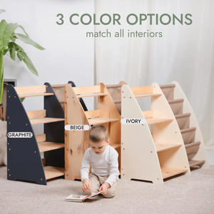 2in1 Montessori shelf for books and toys in graphite, beige, and ivory; 3 color options.