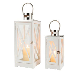 JHY DESIGN metal decorative hanging candle lanterns, white with glass panels, set of 2 in 17.5 and 24.5 inches tall.