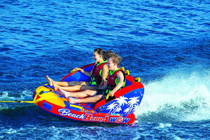 Beach Bubba 2P towable tube by WOW in red and blue with palm tree graphics