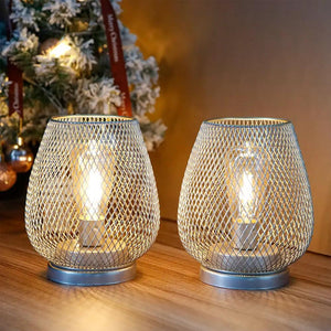 6.7-inch tall battery-powered outdoor table lamp set by JHY DESIGN, two metal mesh lanterns with warm glowing bulbs