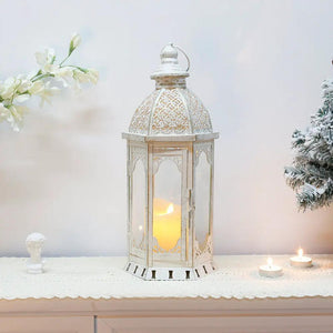 15''H Outdoor candle lantern by JHY DESIGN; vintage white metal with glass panels.