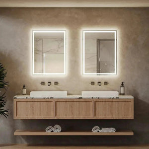 HAUSVITA 36 x 24 Inch Center Glow LED bathroom mirrors, pair with backlit rectangular frames above marble vanity