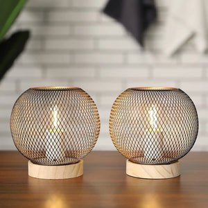 Table lamps set of 2 by JHY DESIGN; battery-powered, spherical black wire-mesh on wooden bases
