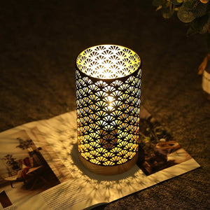 JHY DESIGN cordless metal lamp, 7.5 in tall, cylindrical fixture with fan-shaped cutouts and warm glow.