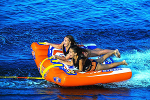 WOW Power Steer 2-Person deck tube towable; orange inflatable with blue/white graphics, 2 riders.