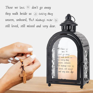 11'' High Remembrance Lantern by JHY DESIGN; black metal lantern with glass panels, memorial poem, and lit candle