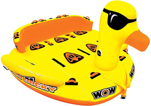 WOW Watersports Mega Ducky 5-Person Towable inflatable raft, bright yellow with orange duck head and multiple handles