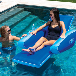 WOW Watersports Modern Lounger pool float with cupholder; blue float; two people lounging in a pool; WOW logo.