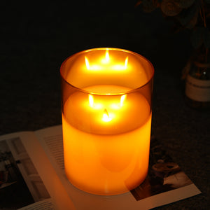 8in glass 3-wick battery-operated flameless candle in warm yellow, by JHY DESIGN