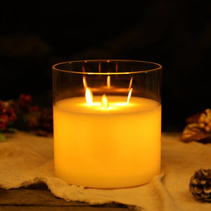 JHY DESIGN 6-inch glass 3-wick flameless candle with warm amber glow