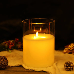JHY DESIGN 8in 3-wick glass flameless candle in white inside a clear glass hurricane with gold rim