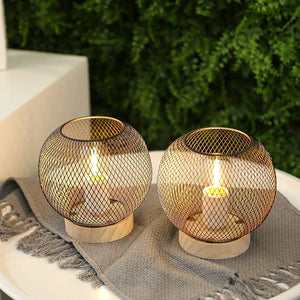 7.5-in High Battery Powered Table Lamp Set of 2 by JHY DESIGN; gold wire-mesh globe lamps on wooden bases, warm light