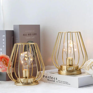 7-inch tall gold metal cage cordless table lanterns set of 2 with exposed bulbs