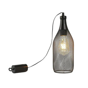 Battery powered hanging lamp with black metal wire-mesh shade and exposed bulb