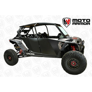 Polaris RZR XP 4 1000 black aluminum doors; rugged UTV with Moto Armor backdrop